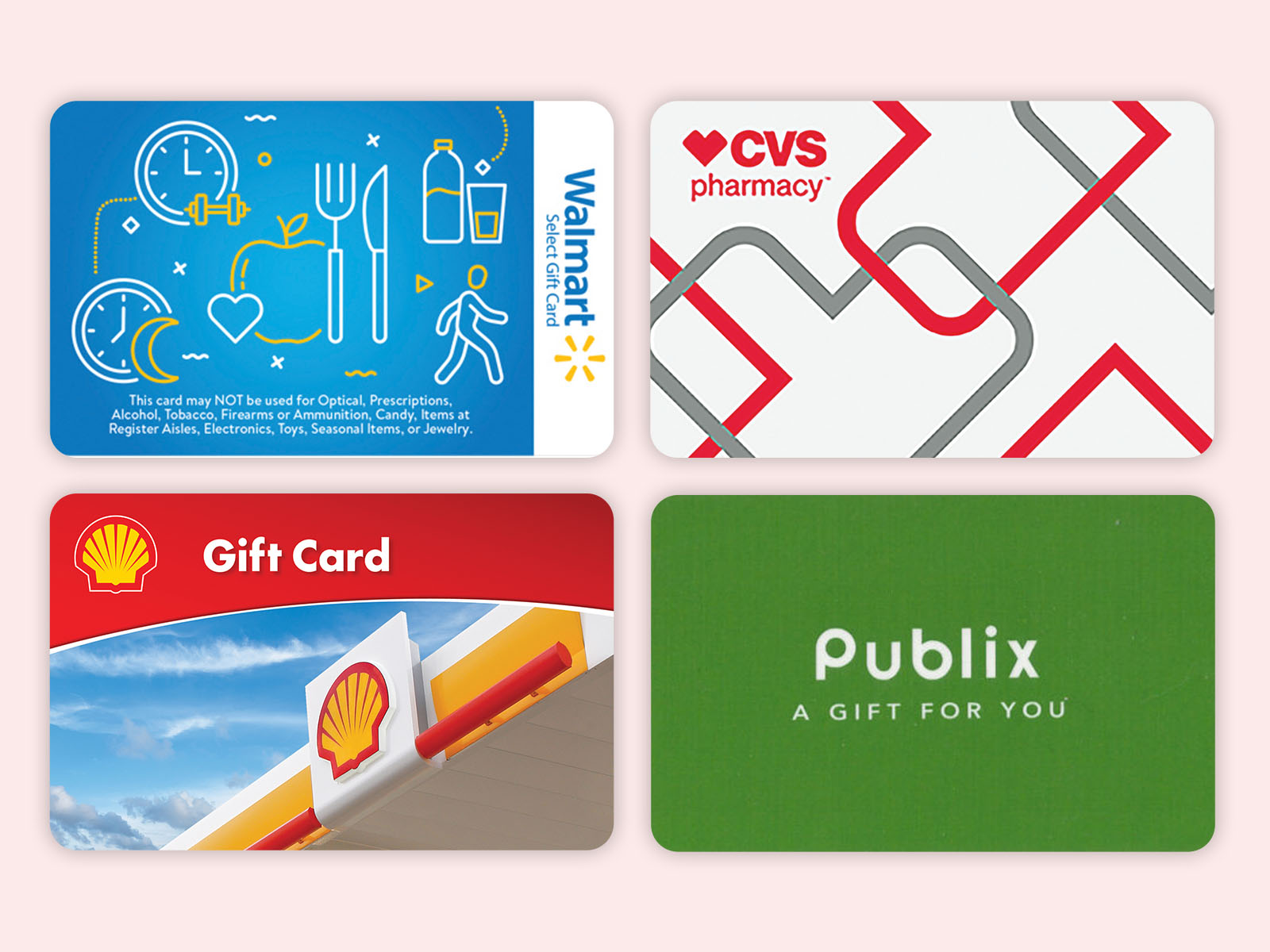 Images of Go365 Rewards gift cards: Walmart, CVS, Shell and Publix.