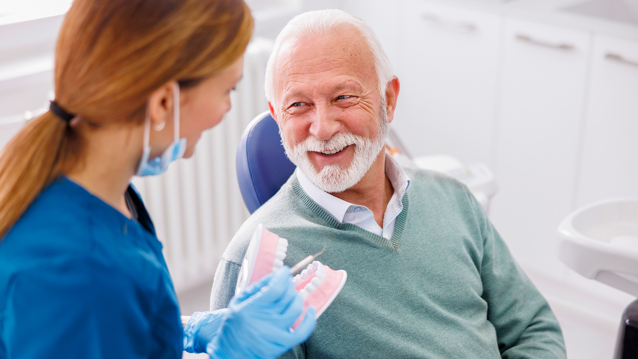 Dentist presents a model of dentures to senior patient.